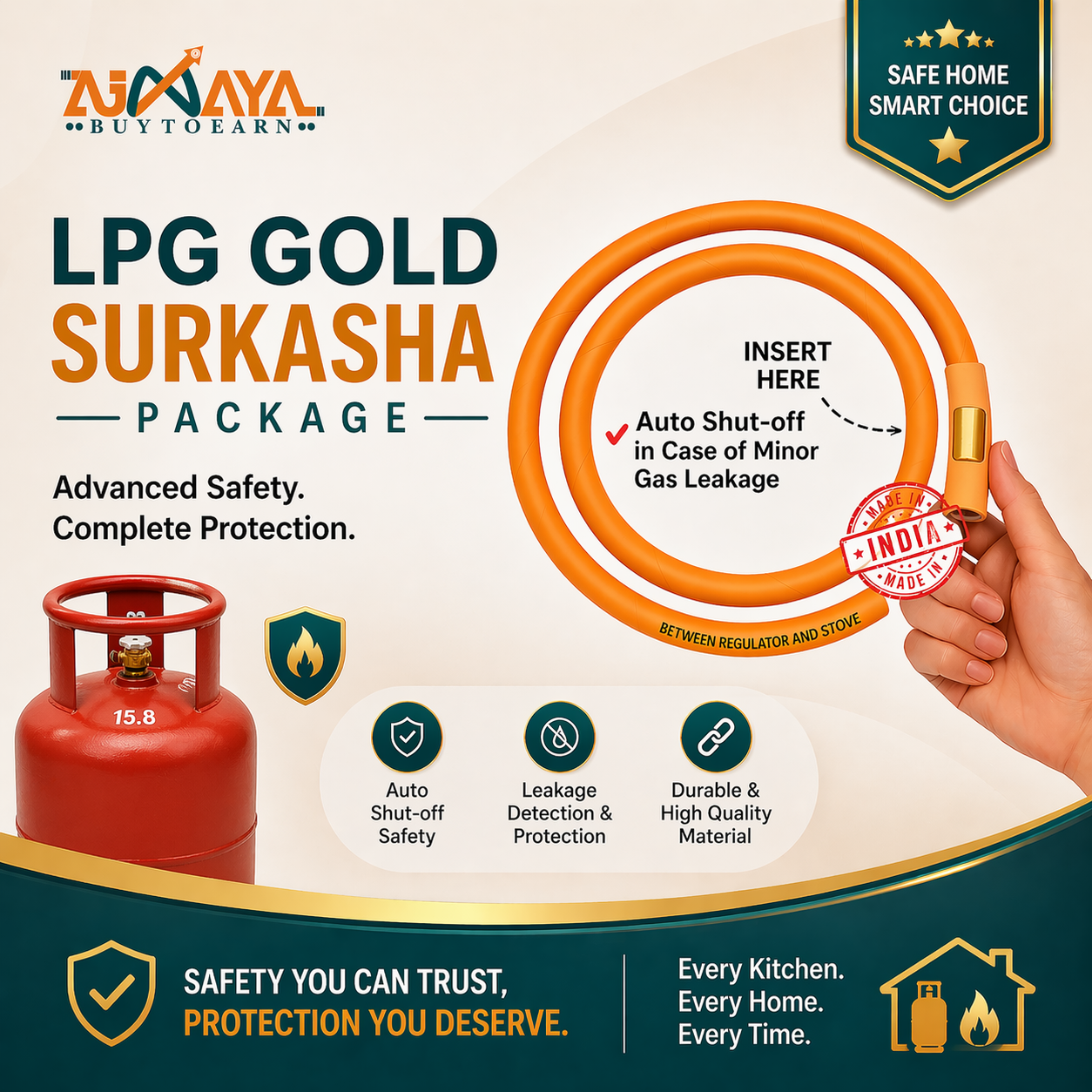Buy1 Get 1FREE Magic Lock Gold Suraksha LPG Safety Hose 1.5 M I.S.I – Built-in Auto-Lock Nano Safety Device, ISI & BIS Certified, 5-Year Warranty + ₹50L Insurance                           
